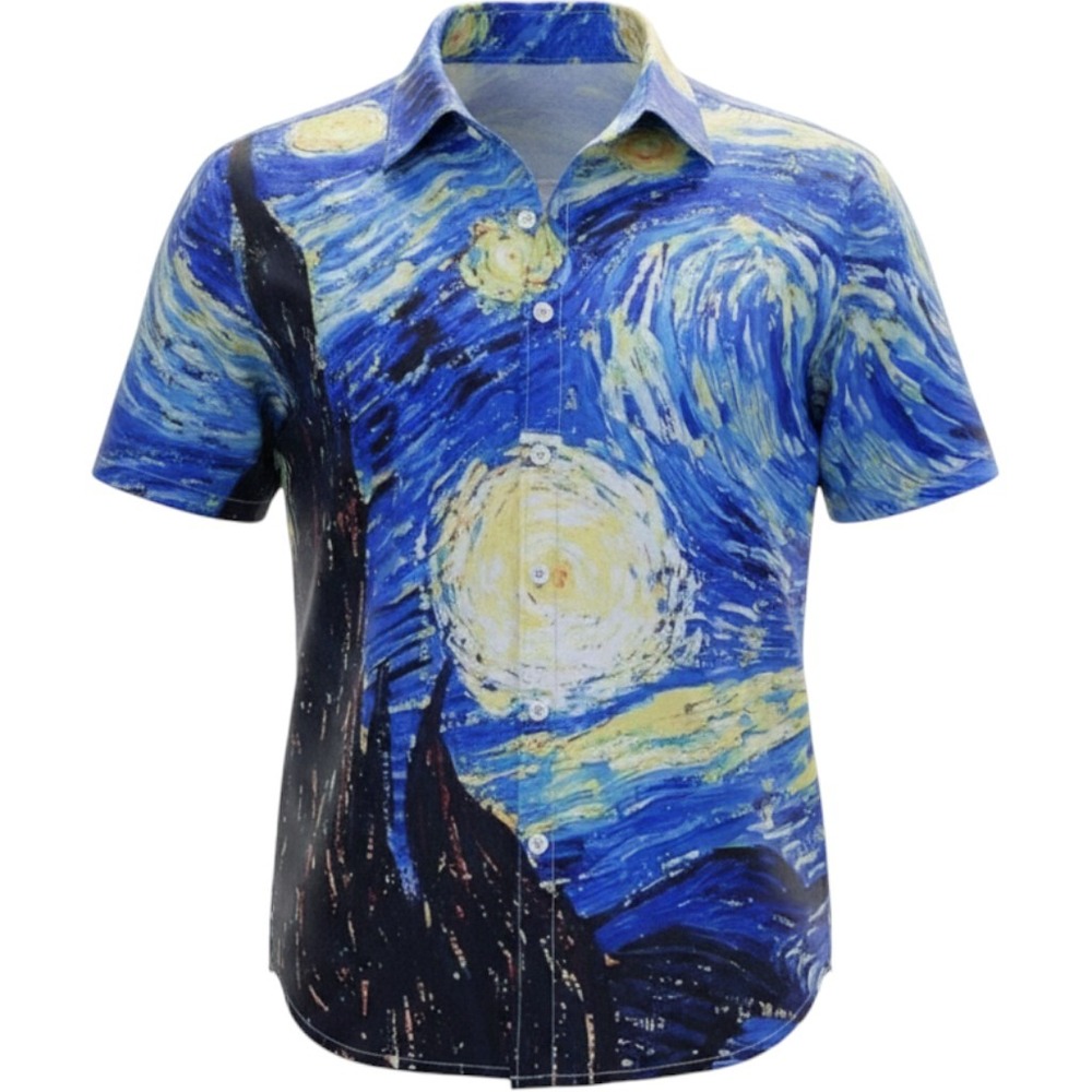 Men's Starry Night Graphic Print Short Sleeve Button-Up Shirt L Chest